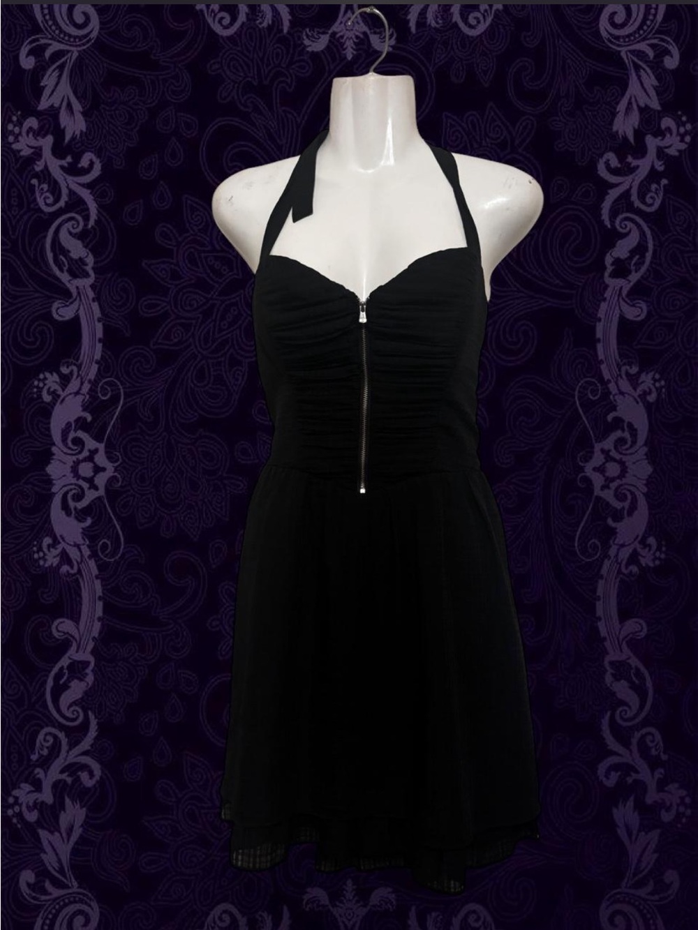 Vintage Guess Black 90s Early 2000s Y2k Zipup Ruched Boned Mini Halter Dress